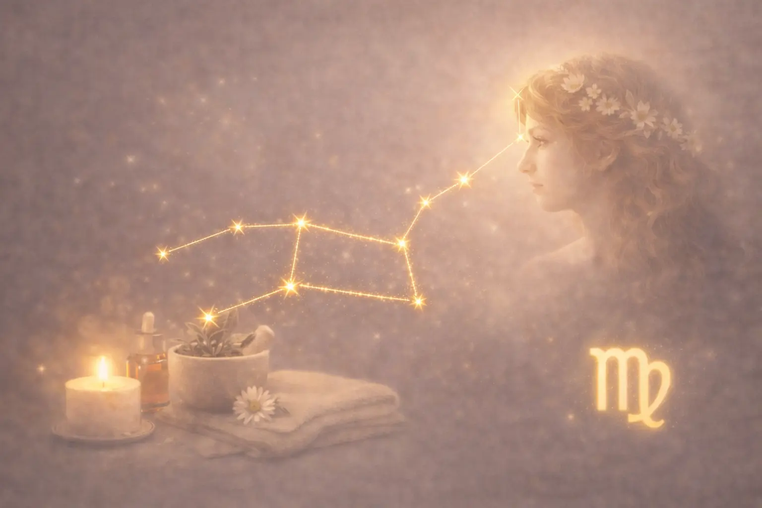 Astrologické znamení Panna se symbolem souhvězdí jako součást astrologického obsahu Noema Aura.