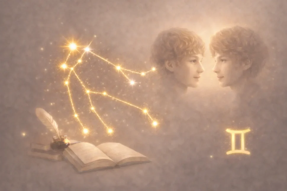 Astrologické znamení Blíženci se symbolem souhvězdí jako součást astrologického obsahu Noema Aura.