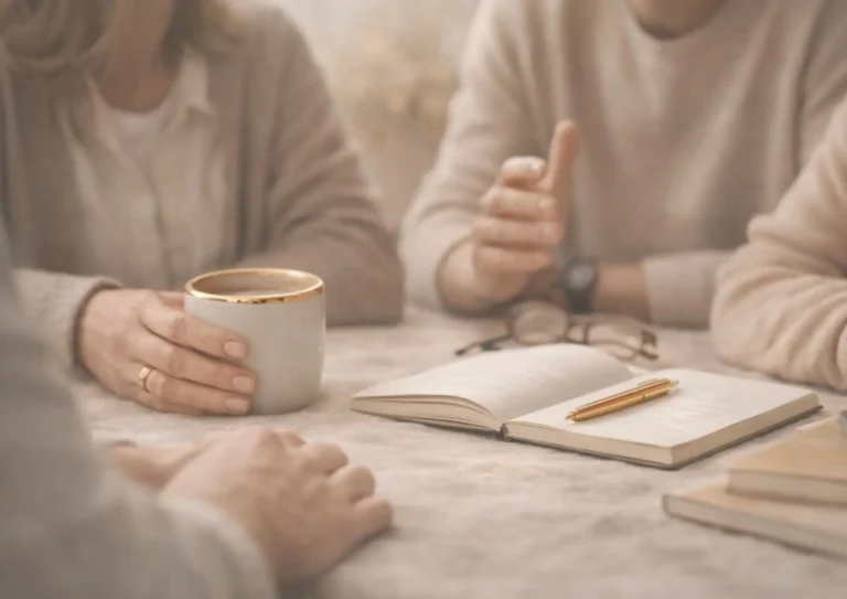 Setkání u&nbsp;stolu s&nbsp;poznámkami a&nbsp;šálkem kávy jako symbol dialogu, spolupráce a&nbsp;sdílení v&nbsp;bezpečném prostoru.