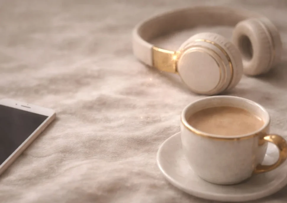 Sluchátka, šálek kávy a&nbsp;tablet jako symbol podcastu a&nbsp;rozhovorů zaměřených na&nbsp;osobní rozvoj a&nbsp;hlubší porozumění.