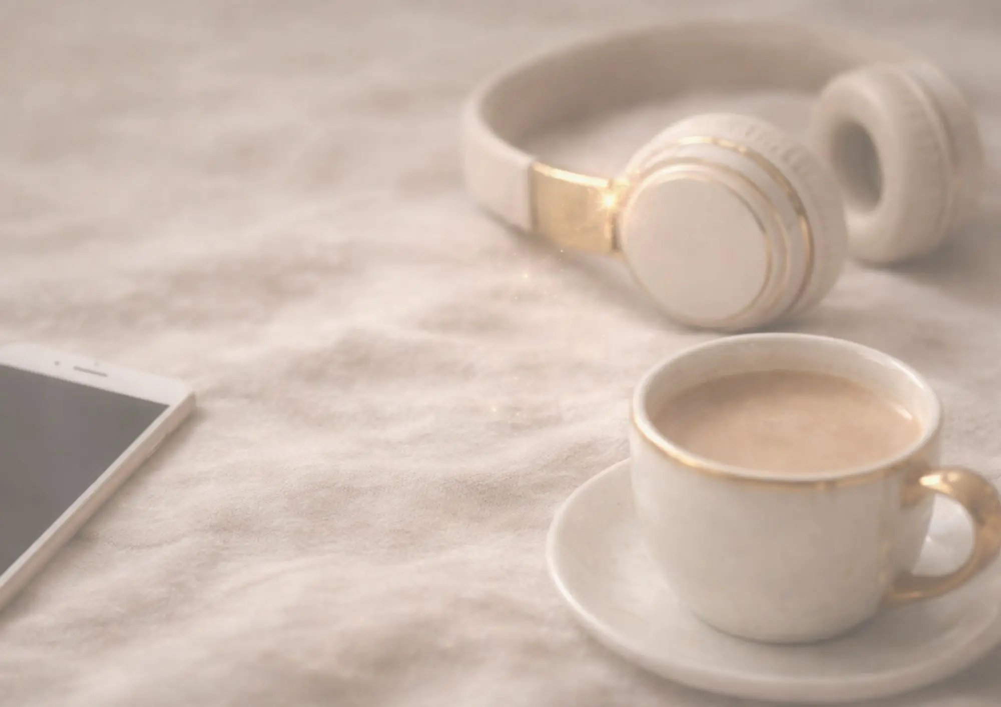 Sluchátka, šálek kávy a&nbsp;tablet jako symbol podcastu a&nbsp;rozhovorů zaměřených na&nbsp;osobní rozvoj a&nbsp;hlubší porozumění.