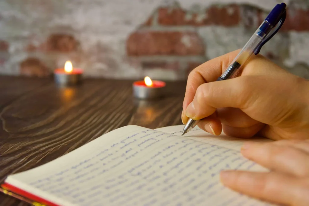 Žena píše záměry do&nbsp;zápisníku při svíčkách — novoluní jako čas pro&nbsp;uspořádání myšlenek a&nbsp;záměrů