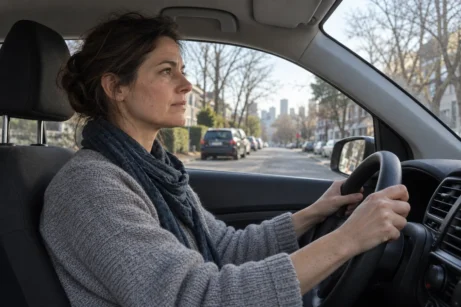 Žena soustředěně řídí auto – metafora vědomého řízení vlastních emocí a&nbsp;rozhodnutí"